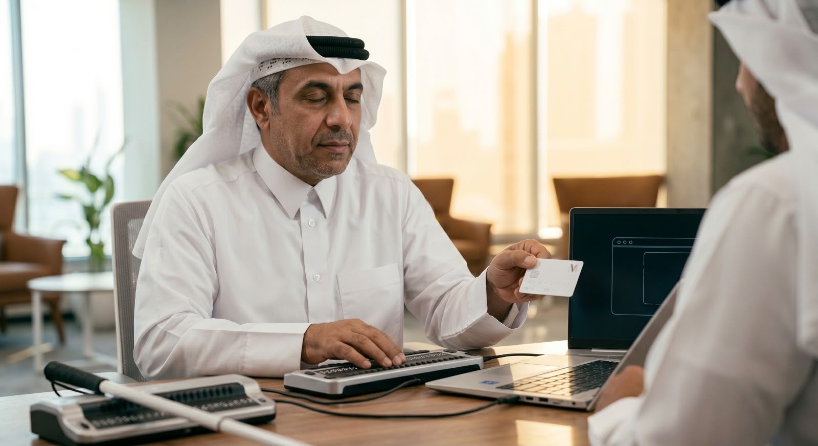 رجل خليجي يرتدي الثوب الأبيض والغترة والعقال يجلس خلف مكتب ويُعطي بطاقة بيضاء لشخص آخر أمامه. يوجد على المكتب حاسوبان محمولان وآلة حاسبة وهاتف. المكان مكتب حديث مضاء بنوافذ كبيرة وبه كراسي وديكور نباتي في الخلفية.