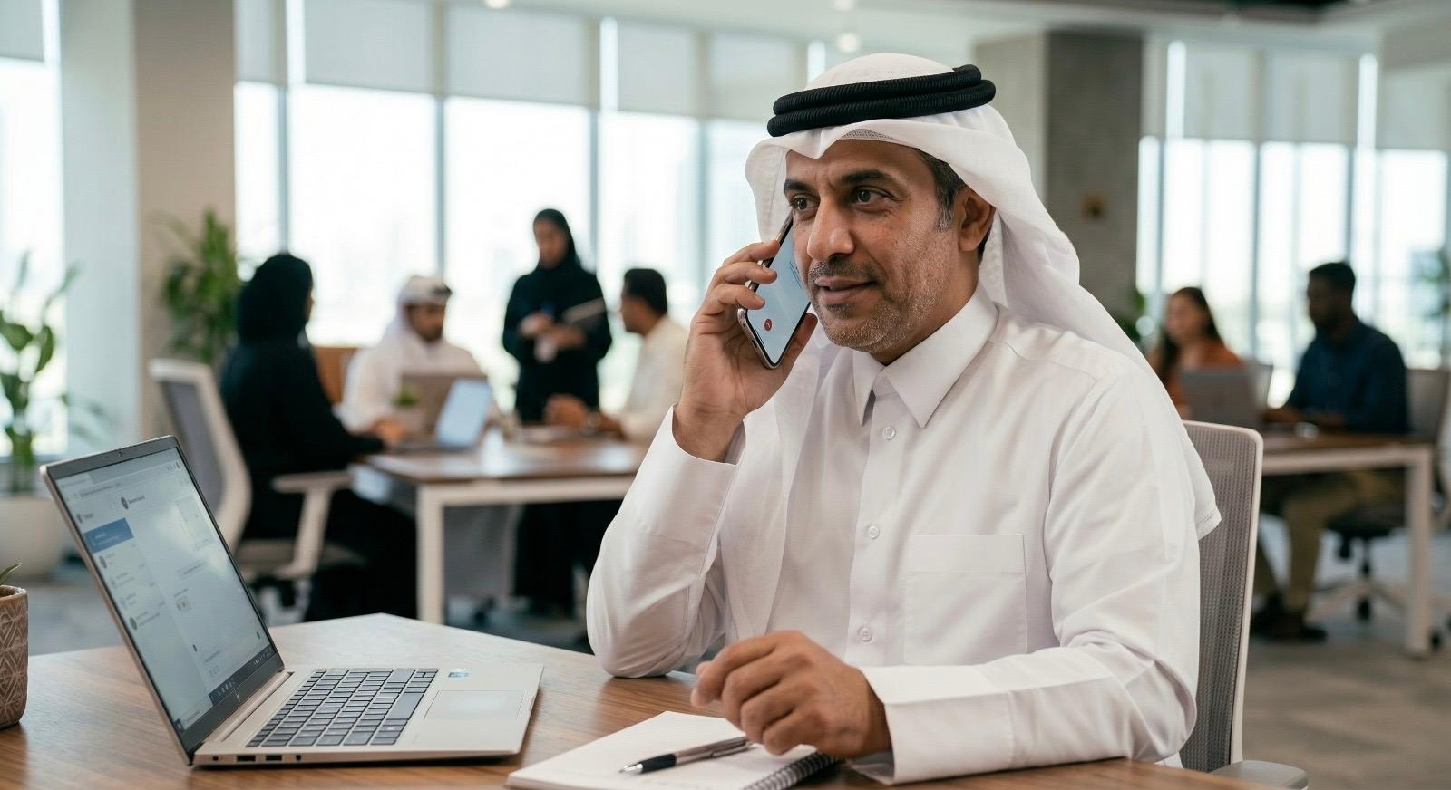 رجل يرتدي الزي الخليجي التقليدي يجلس على مكتب في مكتب حديث، يتحدث عبر الهاتف الذكي بينما يعمل على جهاز لابتوب. في الخلفية، عدة موظفين يعملون في مساحة مكتبية مفتوحة مضاءة بنوافذ كبيرة.
